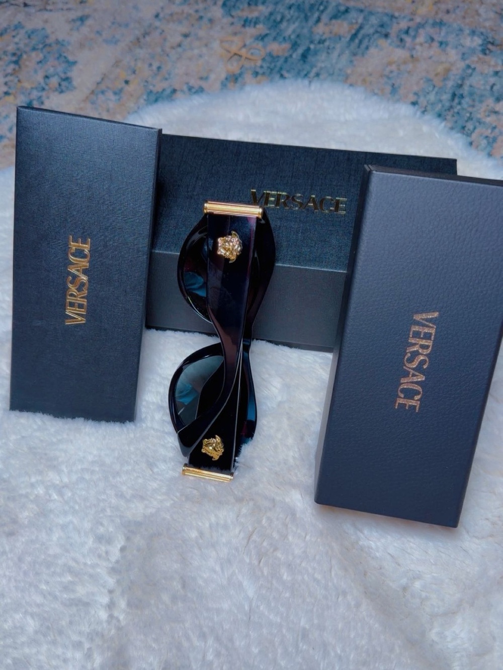 Versace Black Twisted Frame Sunglasses with Gold Medusa Details